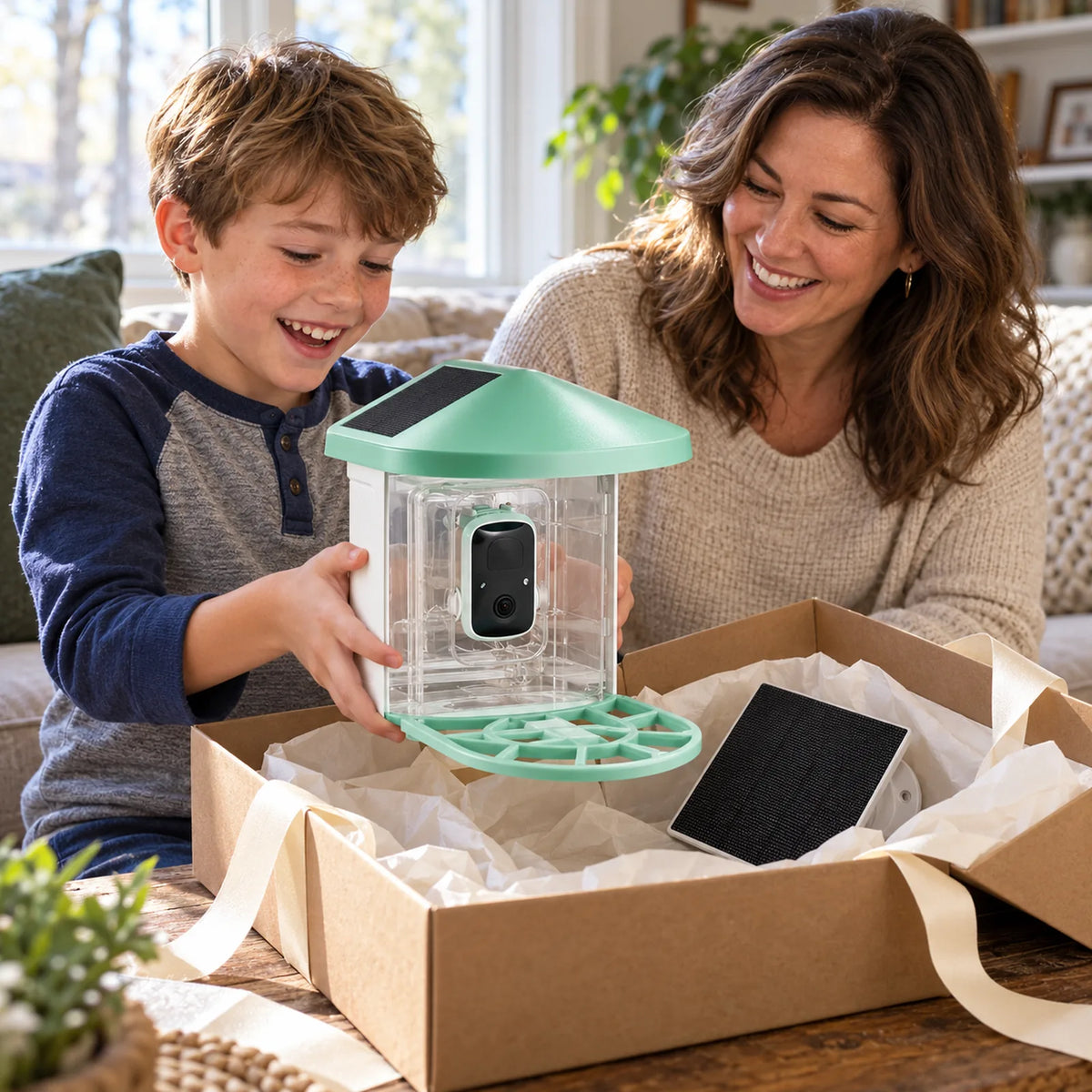 Opening the bird feeder as a gift