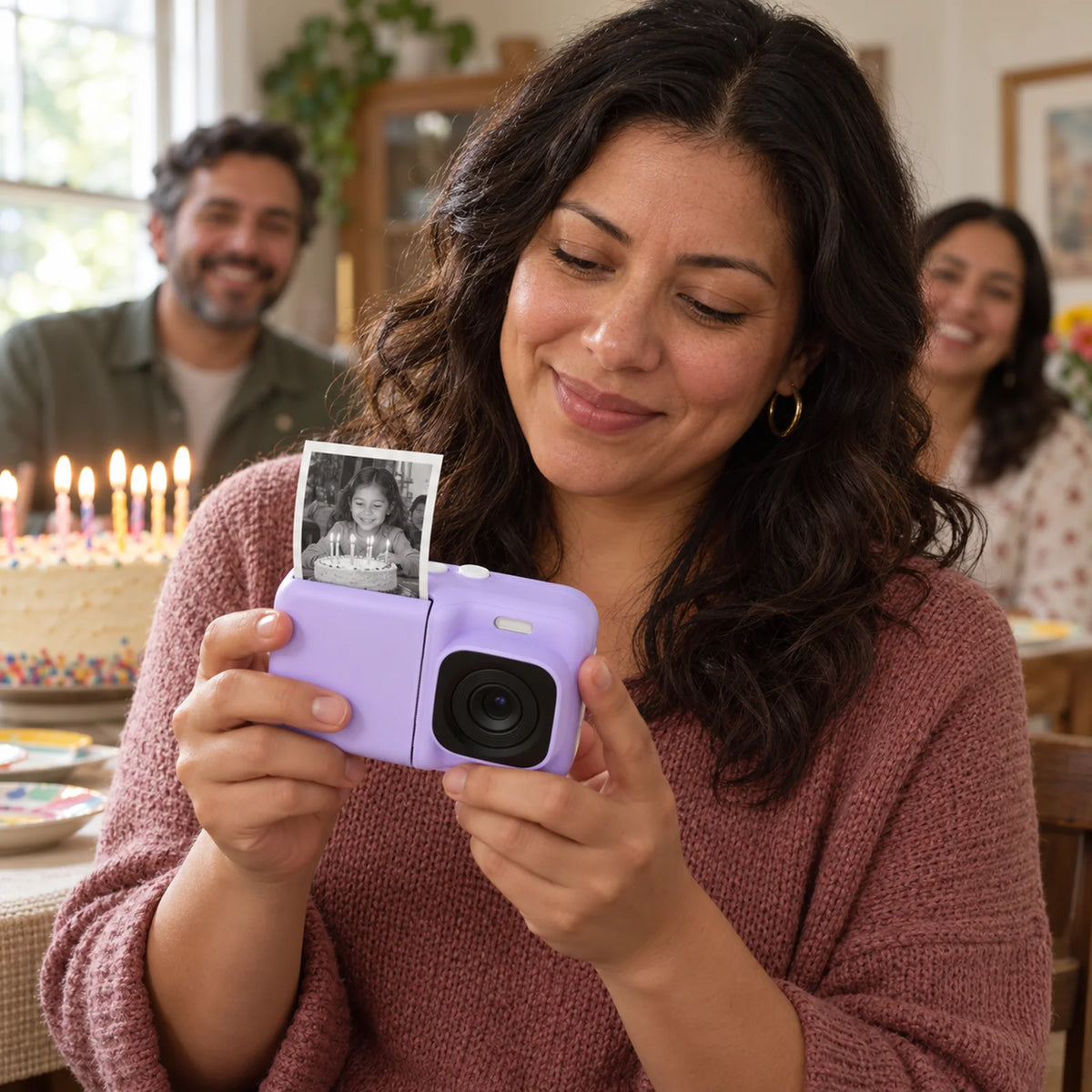 A parent printing a photo at a birthday party