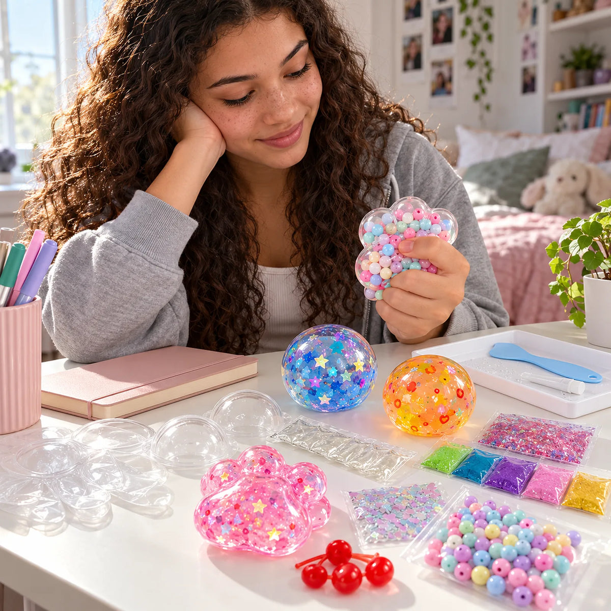 Teen squeezing a squishy at a desk