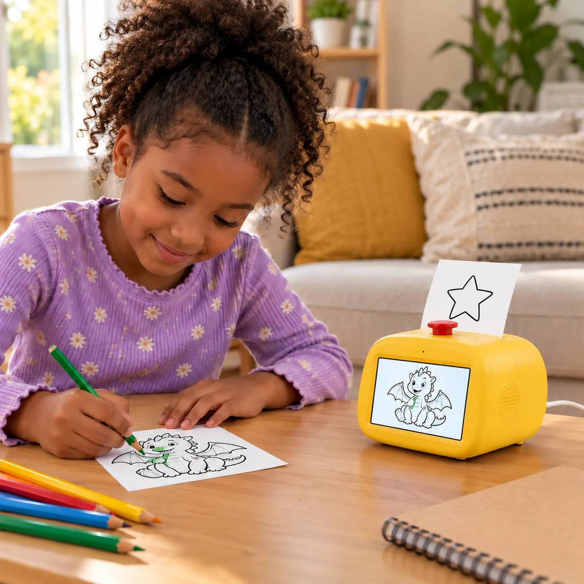 Kid coloring a printed sticker