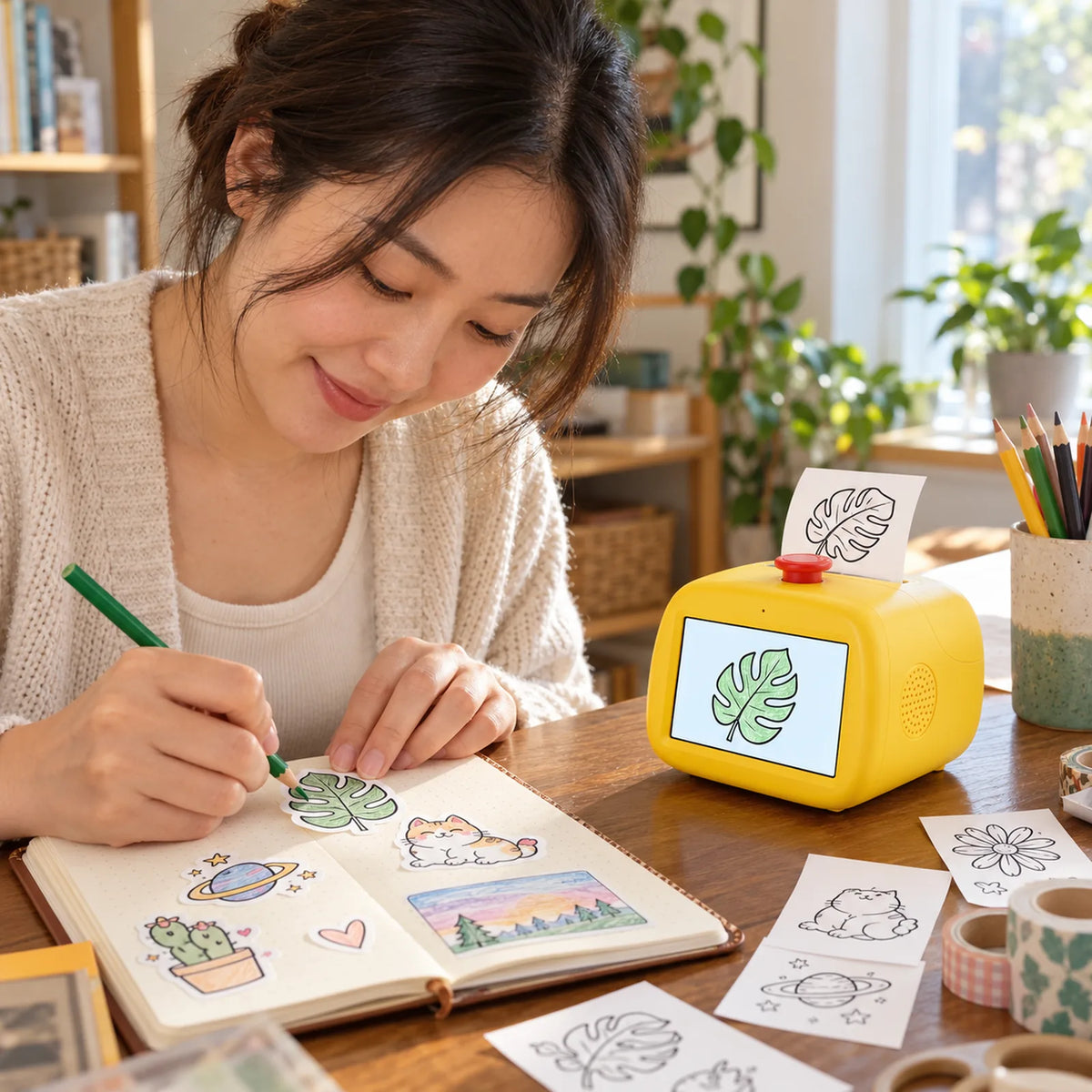 Adult decorating a journal with stickers