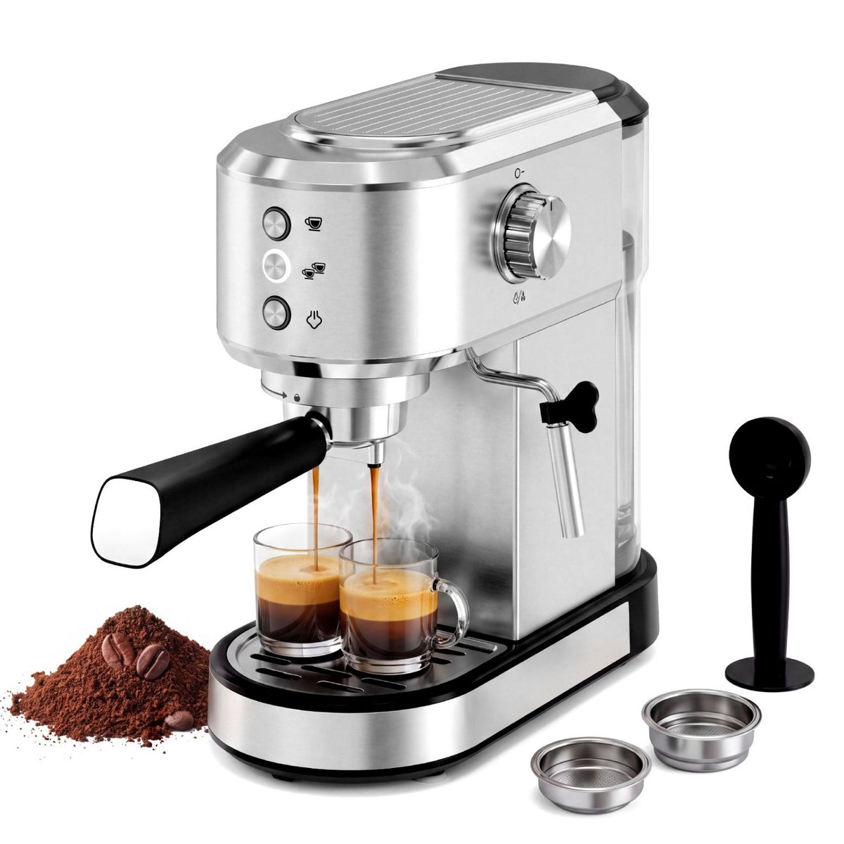 Stainless steel compact espresso machine with steam wand
