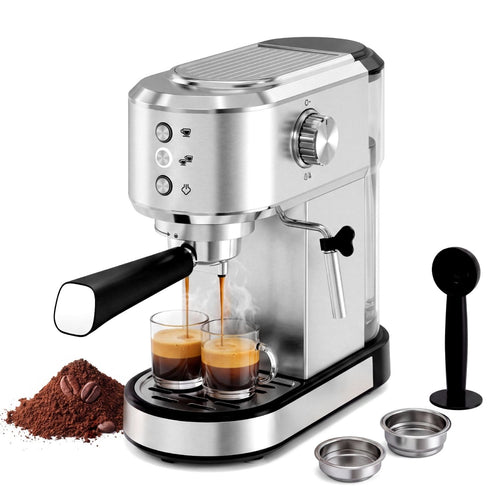 Stainless steel compact espresso machine with steam wand