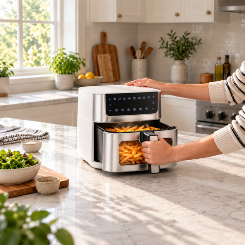 Pulling the air fryer basket out with golden fries inside