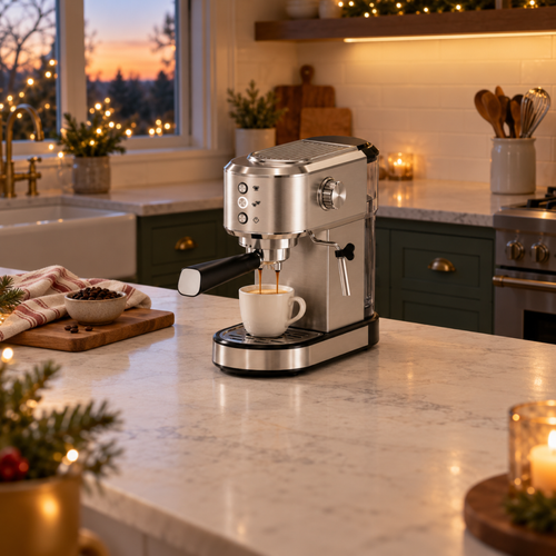 Compact espresso machine pulling a shot into a white mug