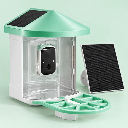 Smart bird feeder with camera and solar panel