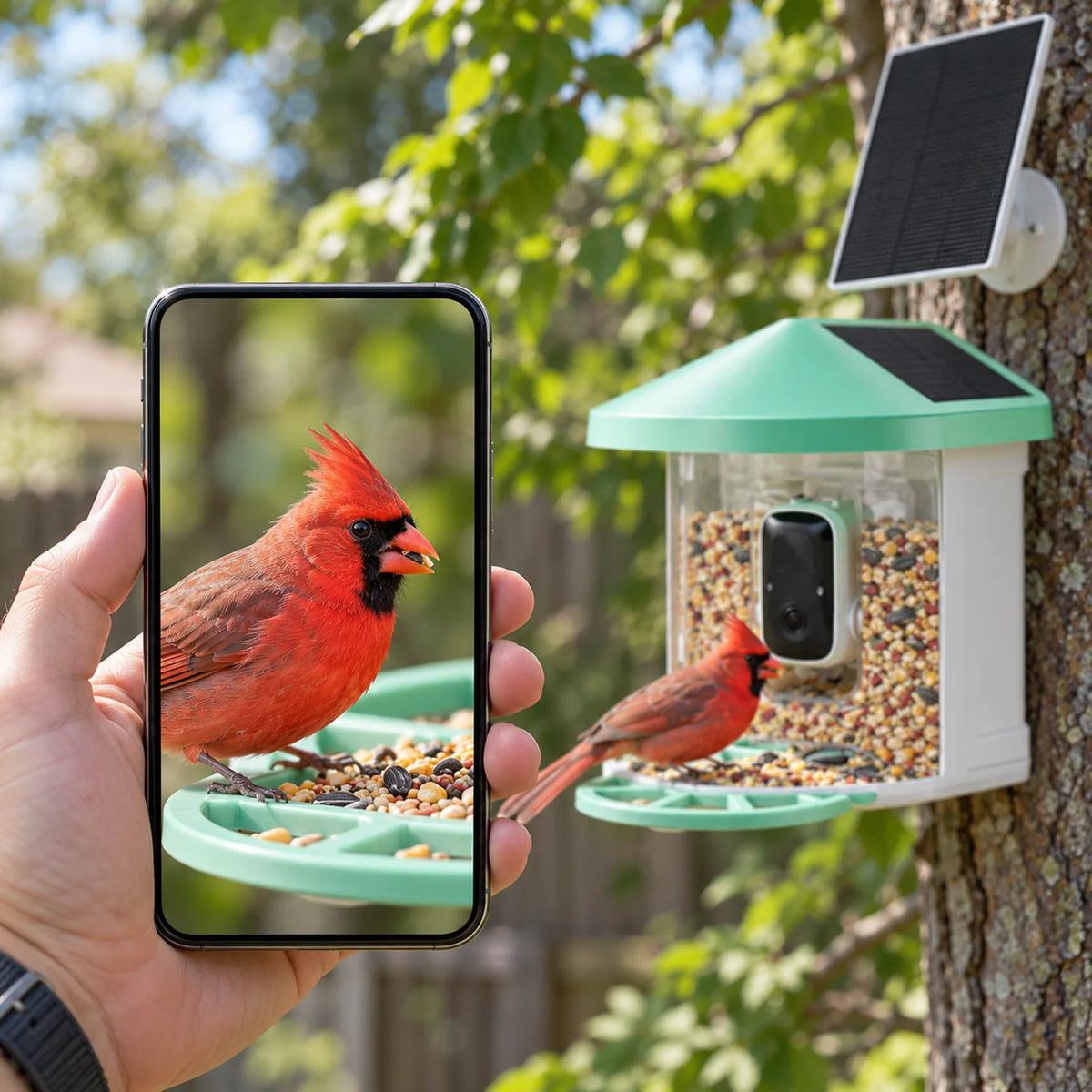 Phone showing a cardinal at the feeder