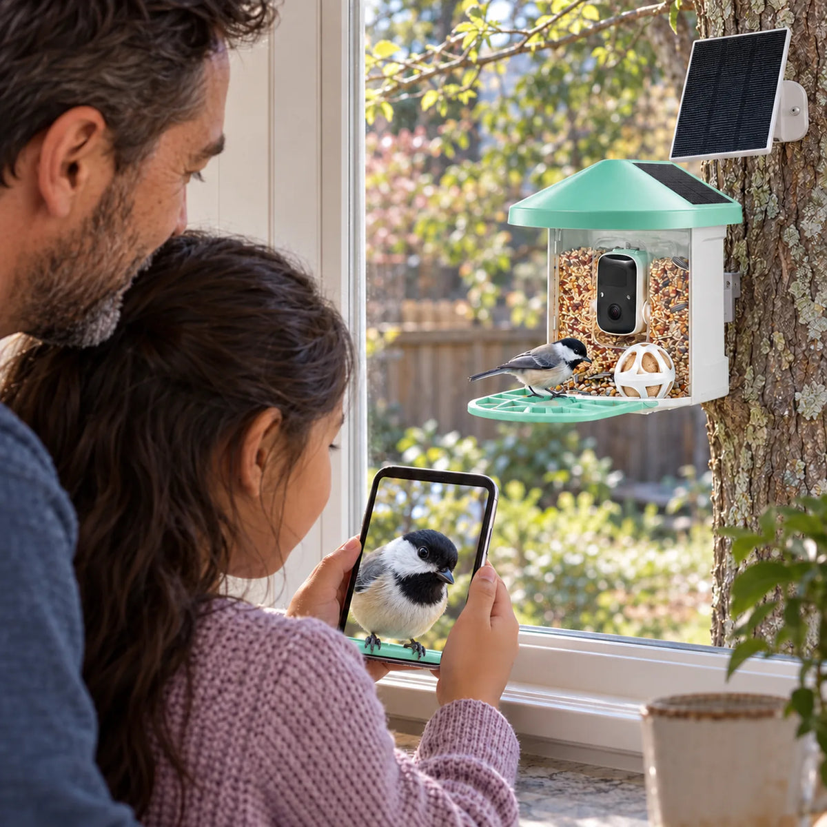Kid watching a bird photo on a phone by the window
