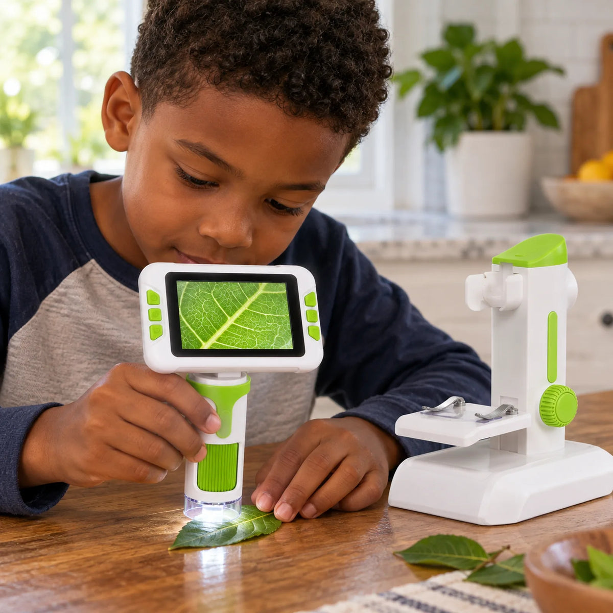 Kid using the microscope handheld off the stand