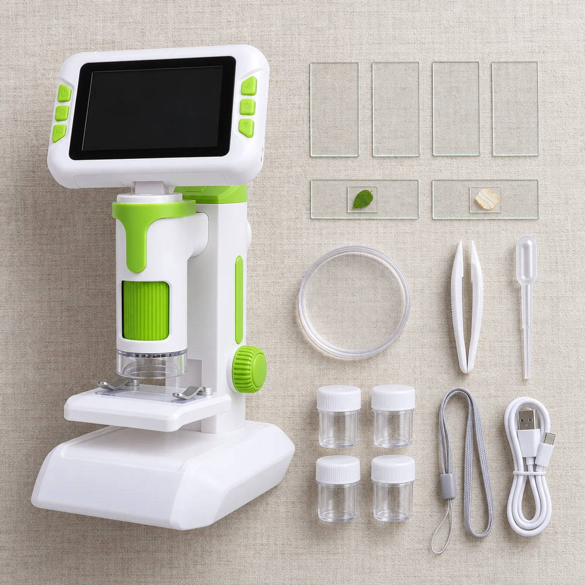 Microscope with slides, petri dish, tweezers, dropper, jars, lanyard and cable