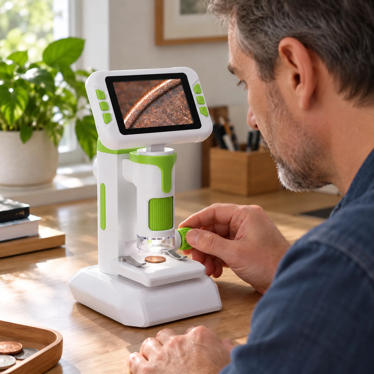 Adult looking at a coin on the screen