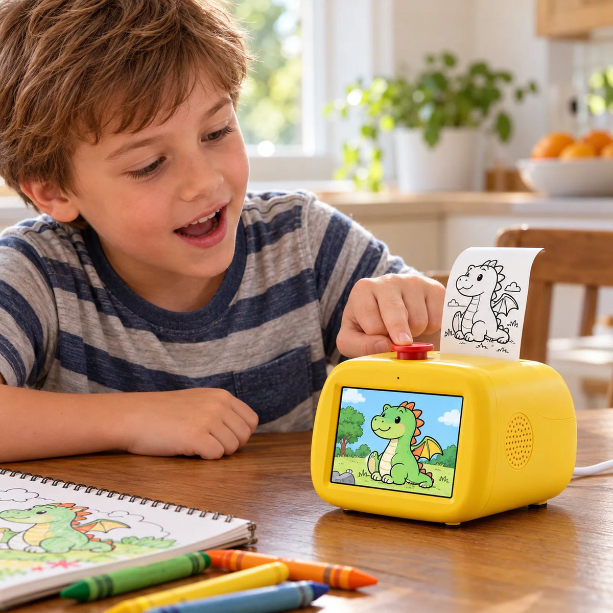 Kid speaking to the printer as a dragon sticker prints