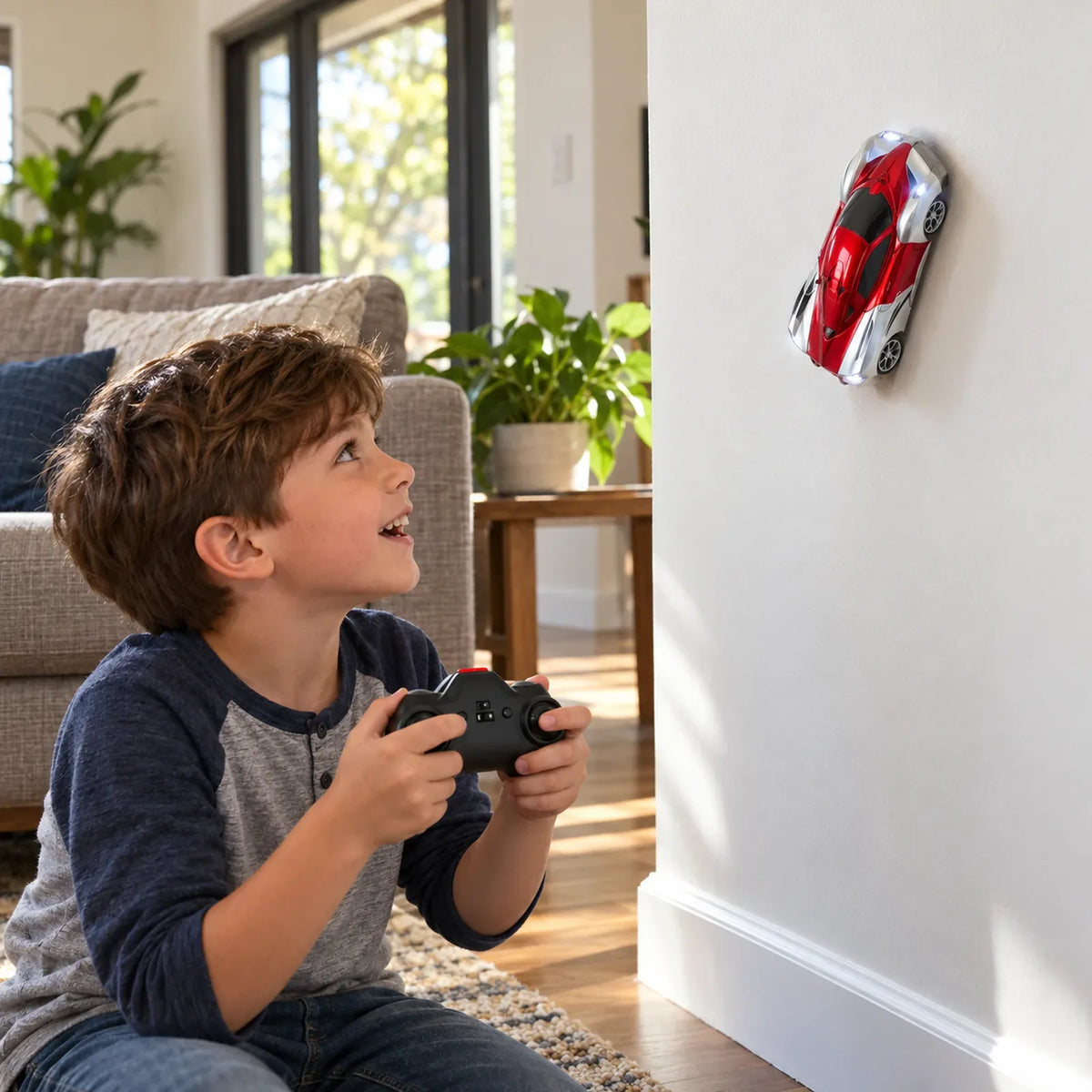 Car driving up a living room wall
