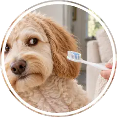A dog turning away from a toothbrush